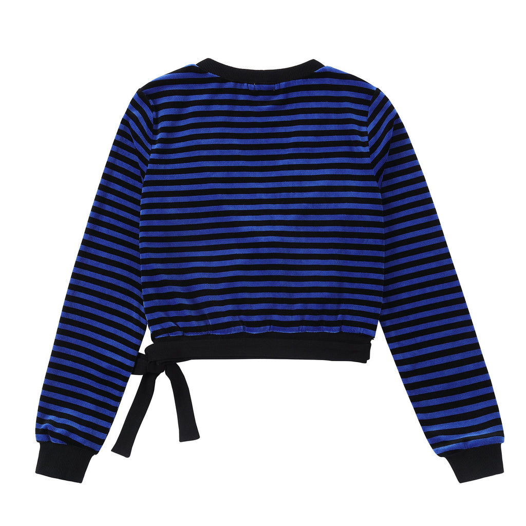 Royal Blue and Black Striped Velour Wrap Top