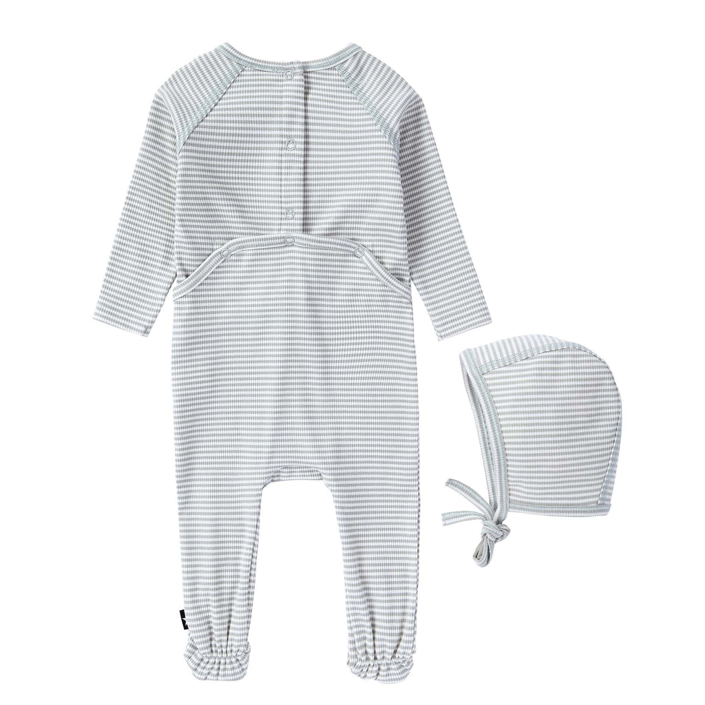 Sage and White Striped Ribbed Footie with Hat