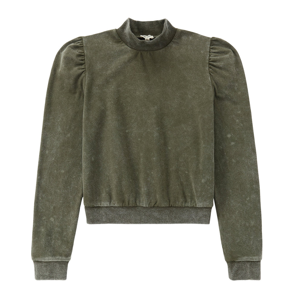 Green Wash Cropped Mock Neck עם שרוולים נפוחים