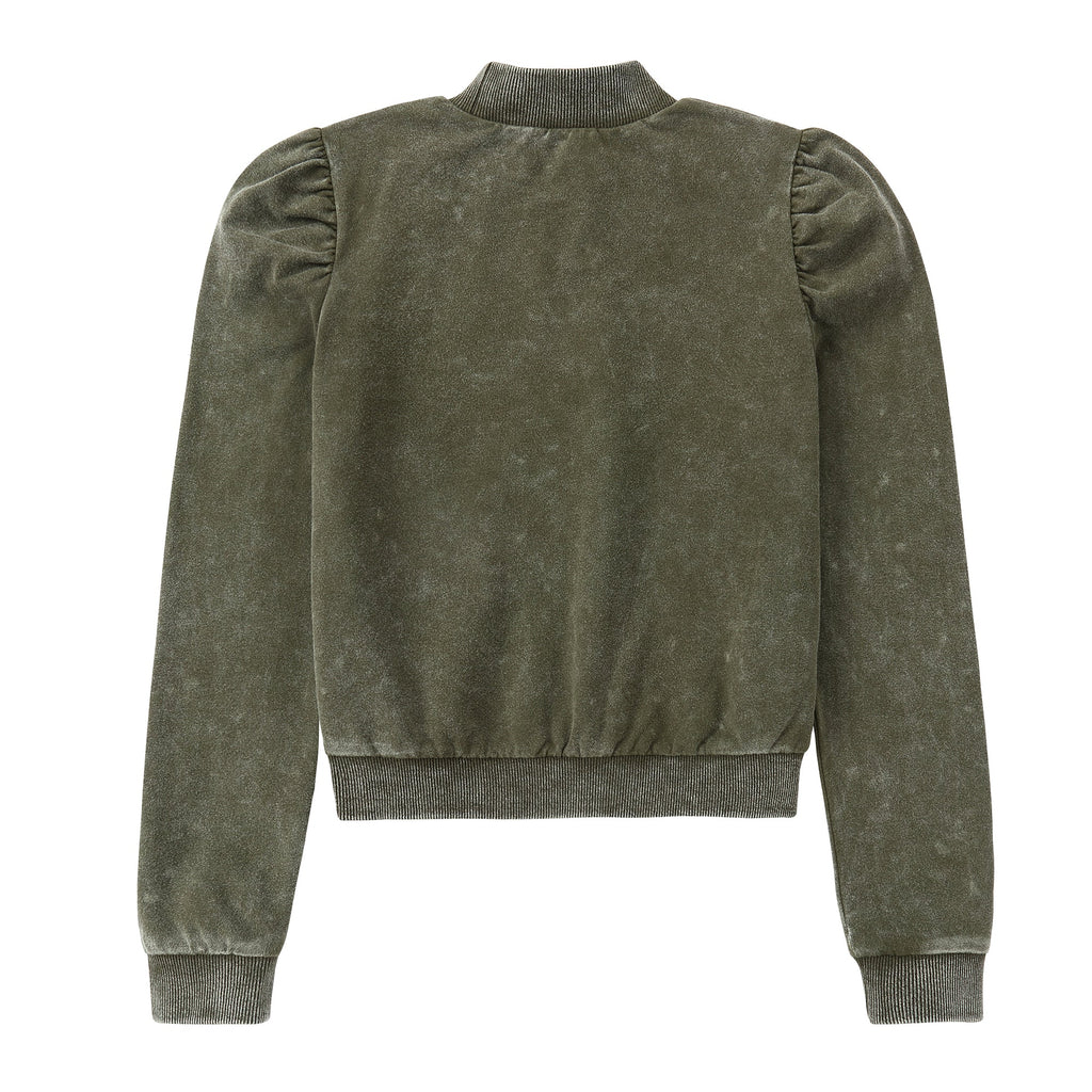 Green Wash Cropped Mock Neck With Puff Sleeves