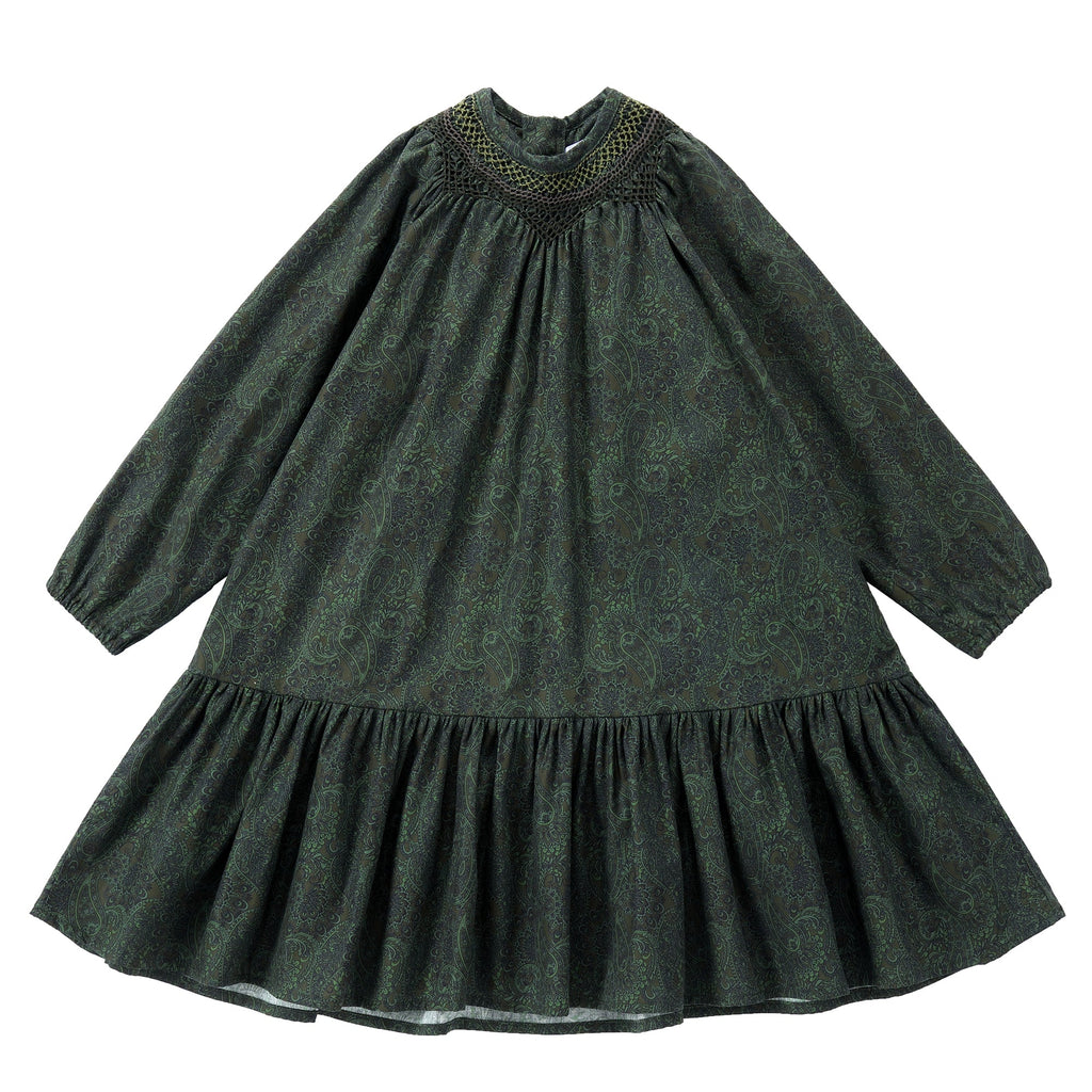 Green Paisley Dress With Triangle Smocking Neck