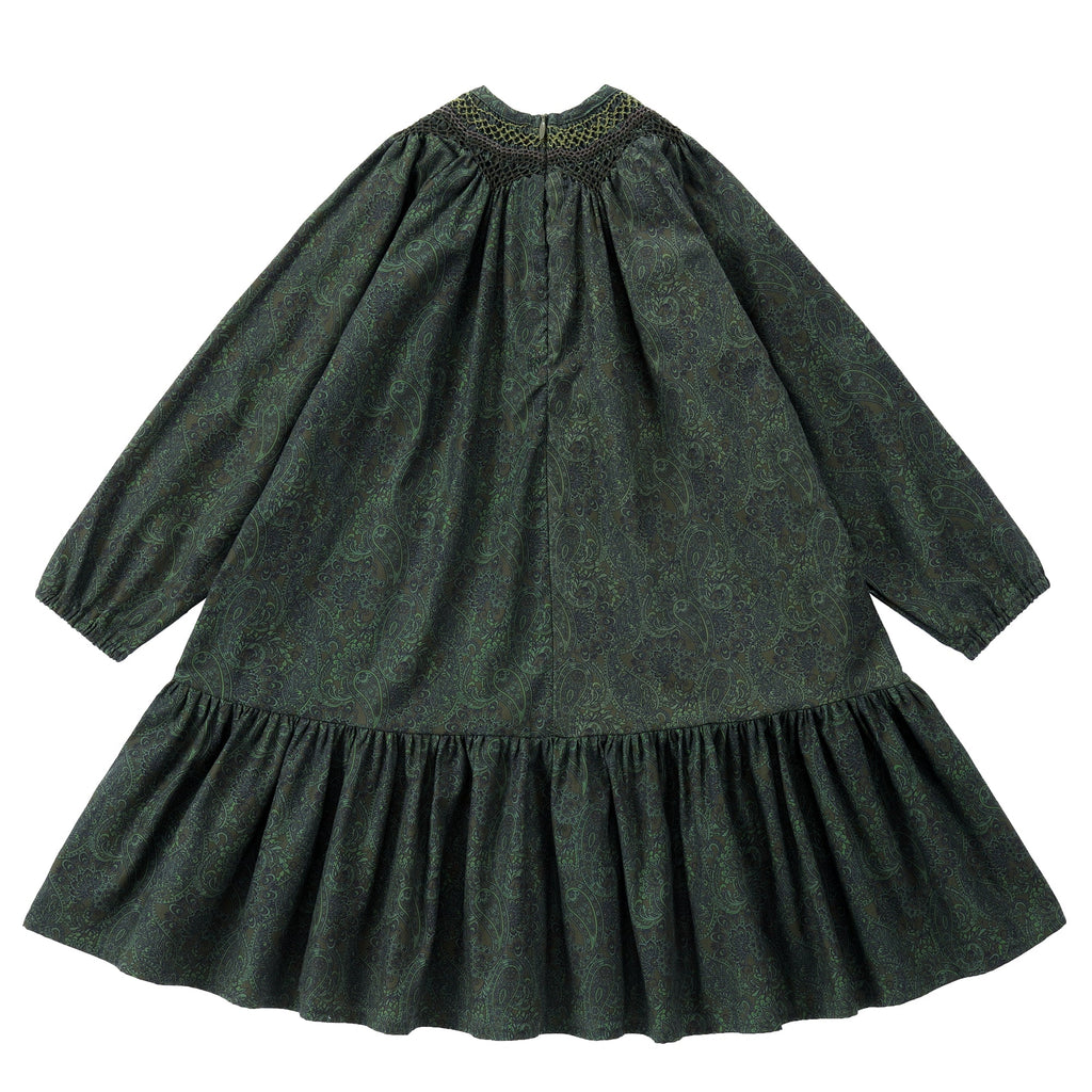 Green Paisley Dress With Triangle Smocking Neck