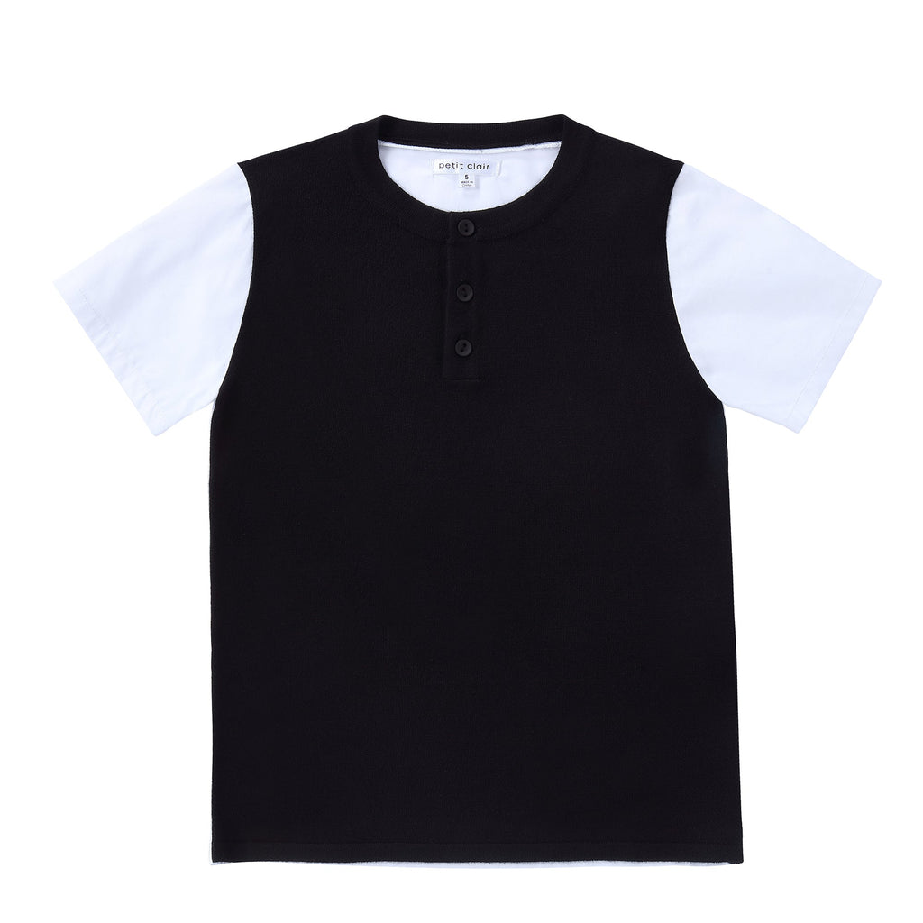 Knit Front Mandarin Shirt in Black