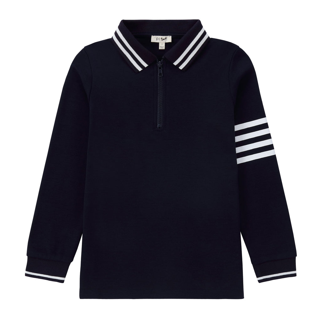 Navy Long Sleeve Polo with White Stripe Details