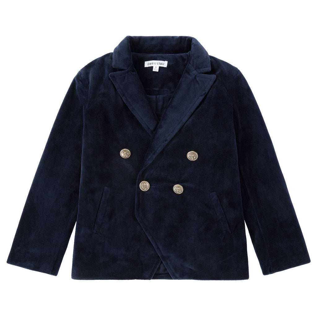 Navy Velvet Double Breasted Blazer With Gold Buttons