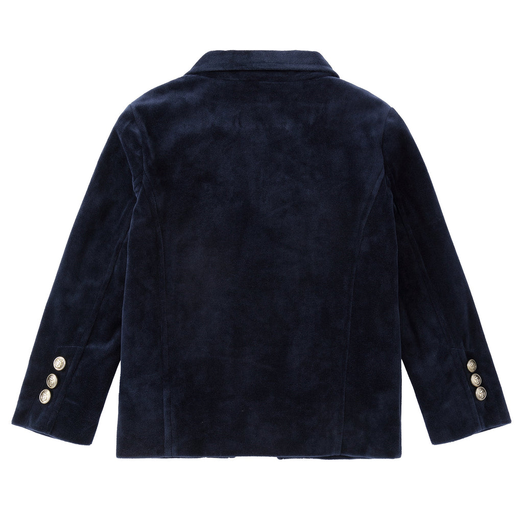 Navy Velvet Double Breasted Blazer With Gold Buttons