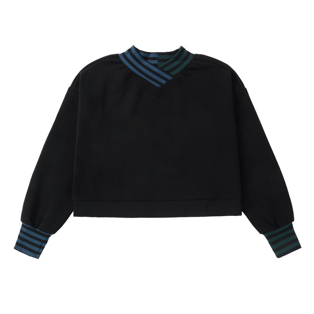 Black V-Neck Cropped Oversized Sweatshirt With Stripe Detail