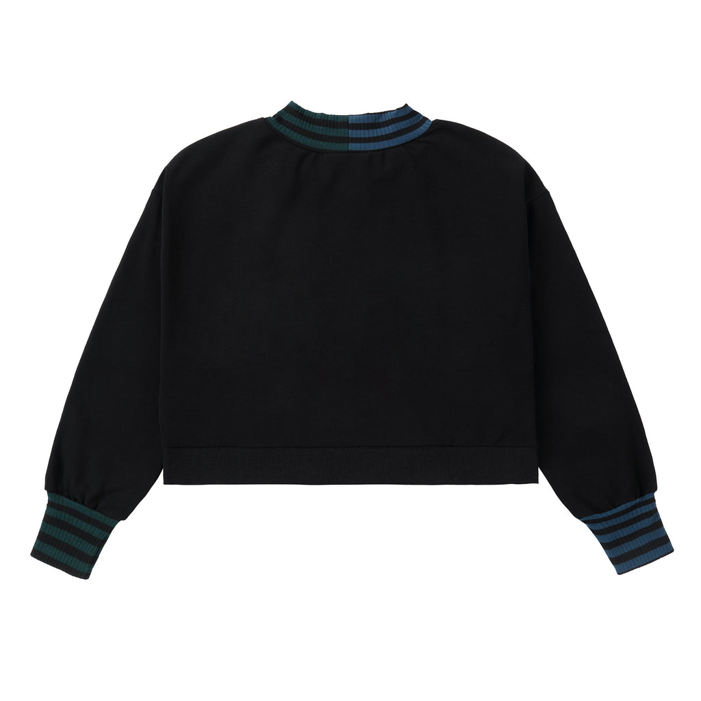 Black V-Neck Cropped Oversized Sweatshirt With Stripe Detail