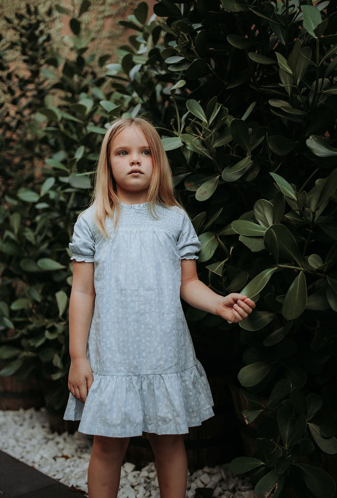 Light Blue Floral Dress with Gold Stripes