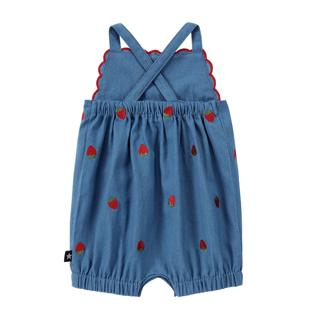 Embroidered Strawberry Denim Romper