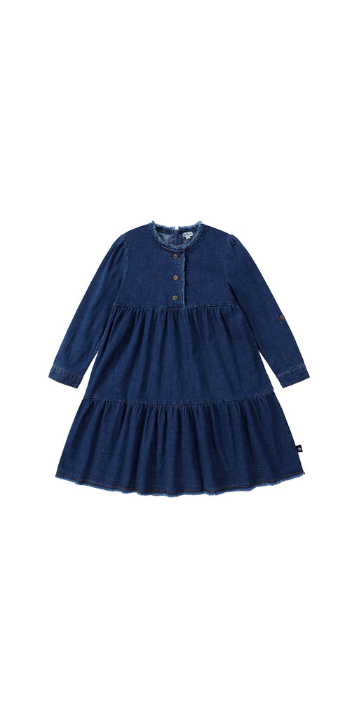 Dark Denim Frayed Detail Tiered Dress