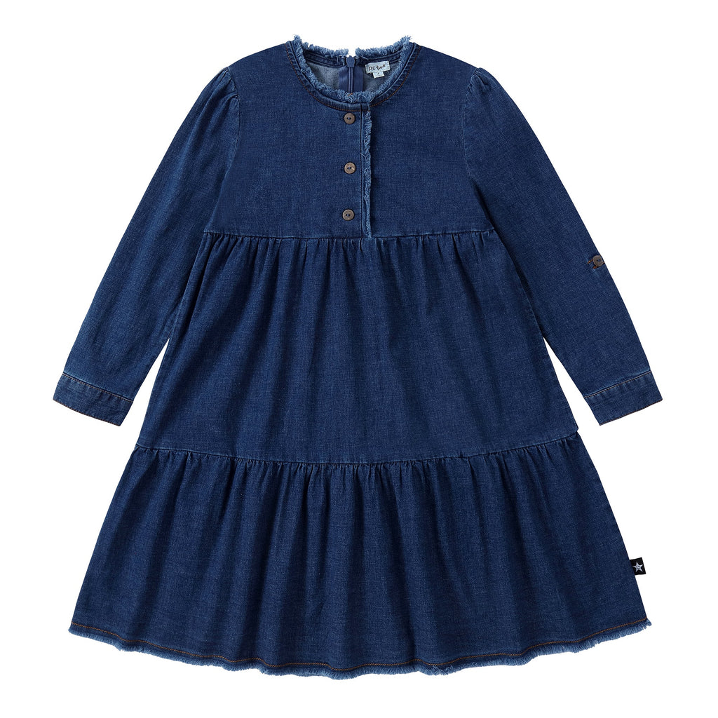 Dark Denim Frayed Detail Tiered Dress