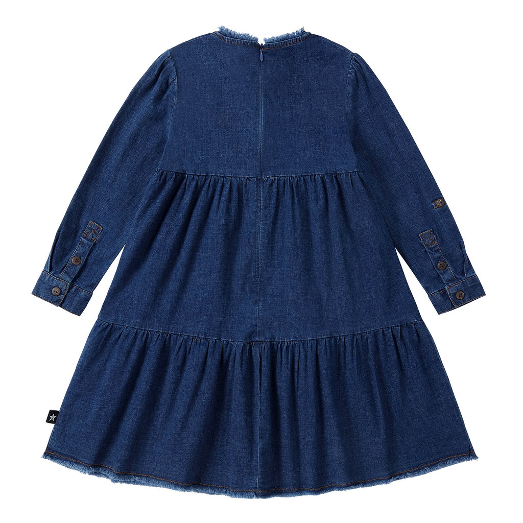 Dark Denim Frayed Detail Tiered Dress