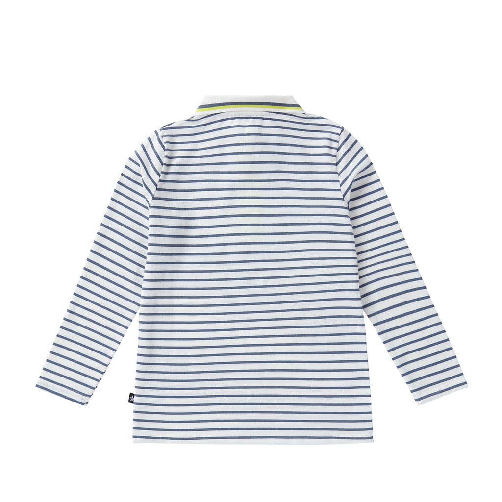 Dusty Blue and White Stripe Long Sleeve Polo with Neon Yellow Accents