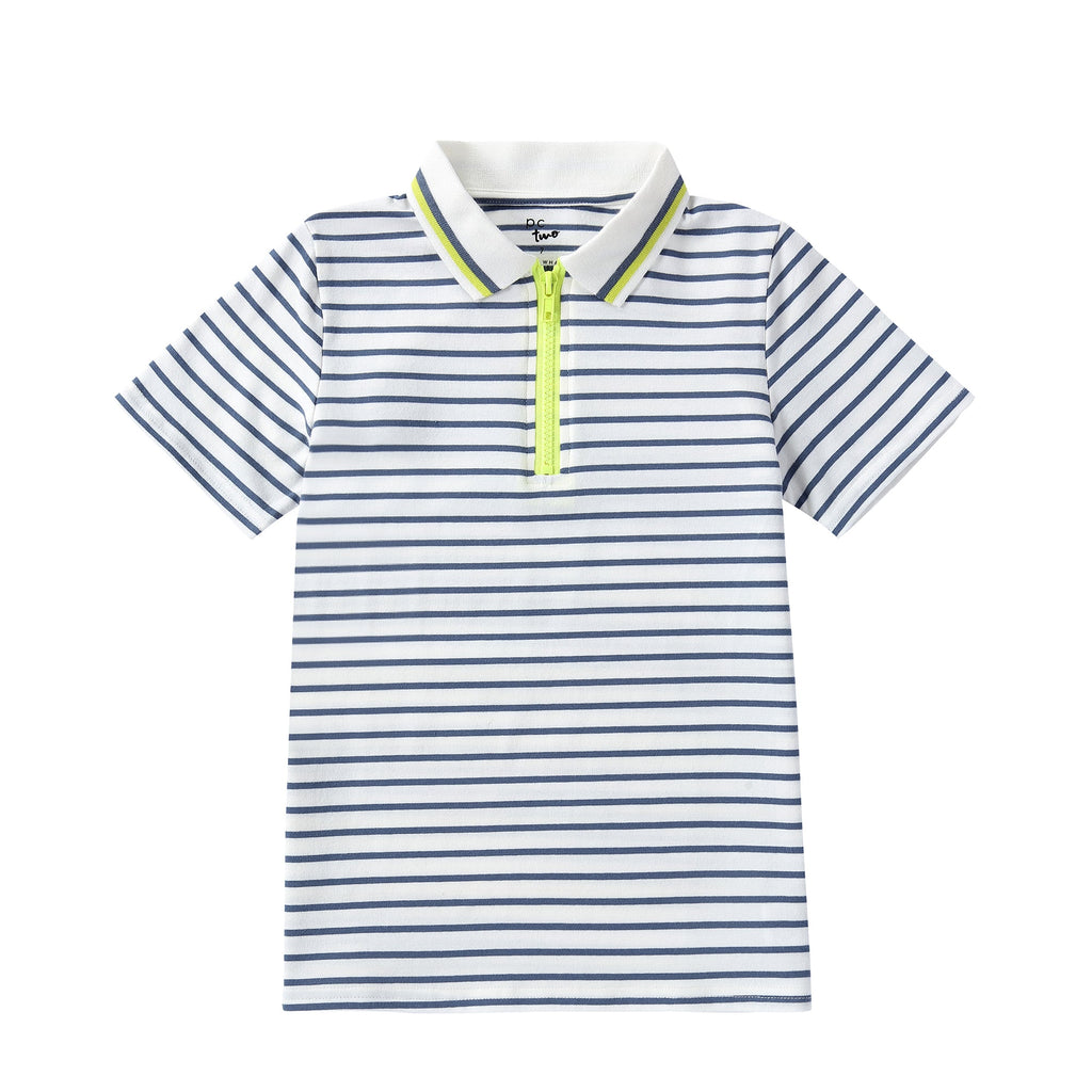 Dusty Blue and White Stripe Polo with Neon Yellow Accents