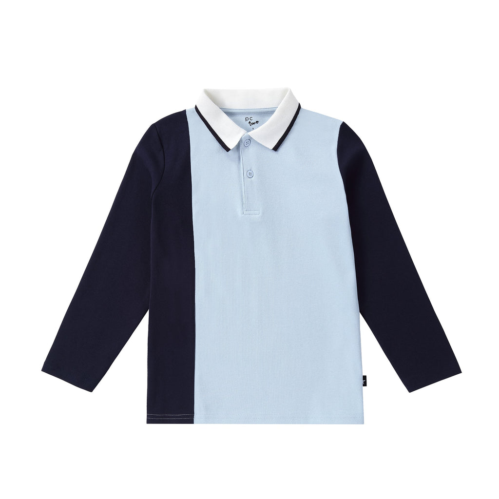 Blue and White Colorblock Long Sleeve Polo