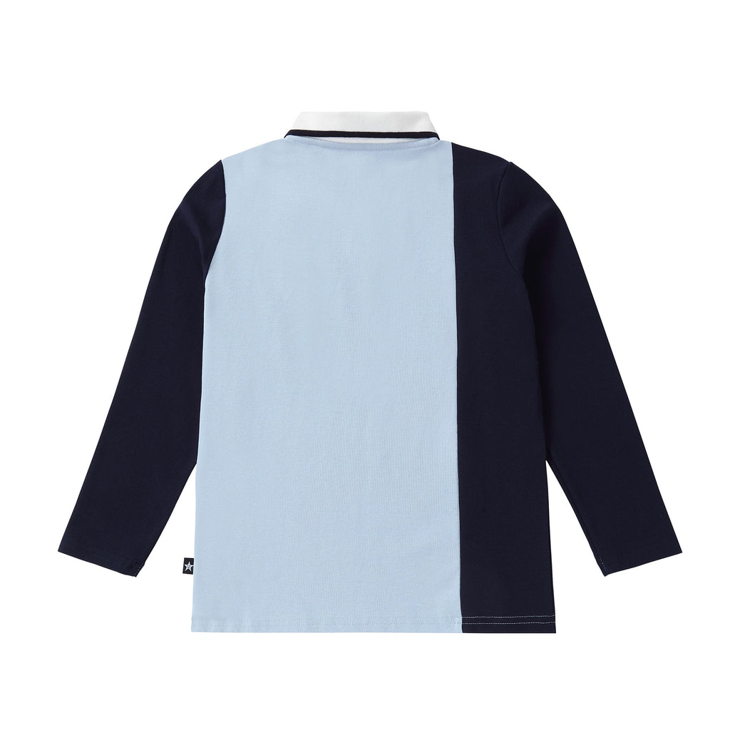 Blue and White Colorblock Long Sleeve Polo