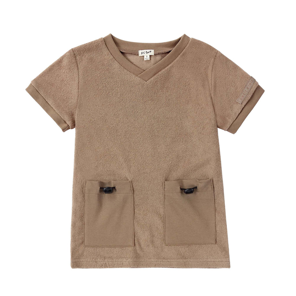 Dark Tan Terry V-neck Tshirt with Toggle Pocket