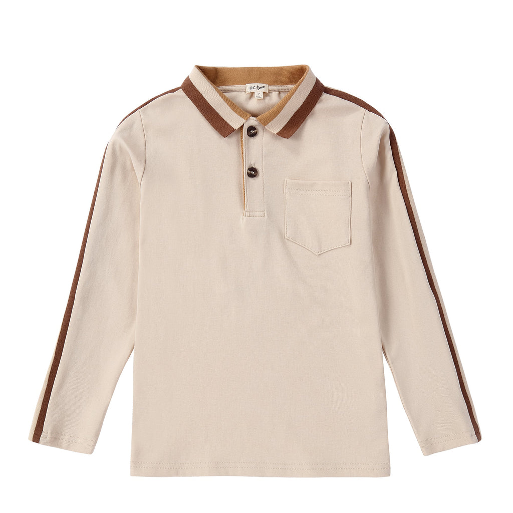 Tan Long Sleeve Polo with Brown and Tan Ribbed Details