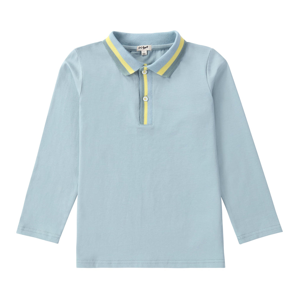 Light Blue Long Sleeve Polo with Green and Yellow Ribbing Detail