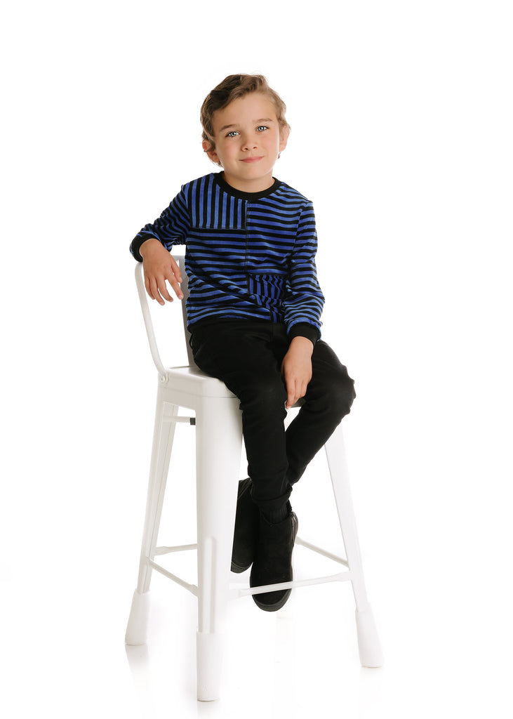 Royal Blue and Black Striped Velour Sweatshirt