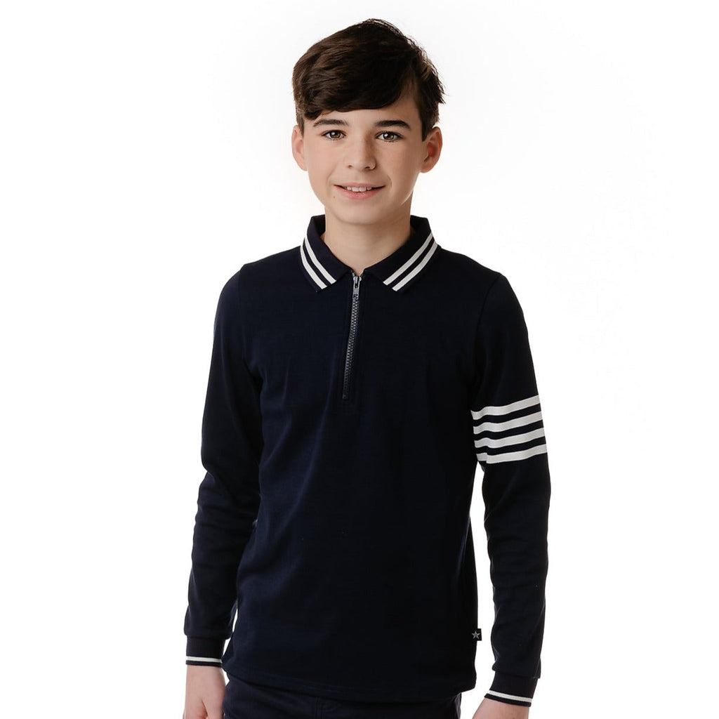 Navy Long Sleeve Polo with White Stripe Details