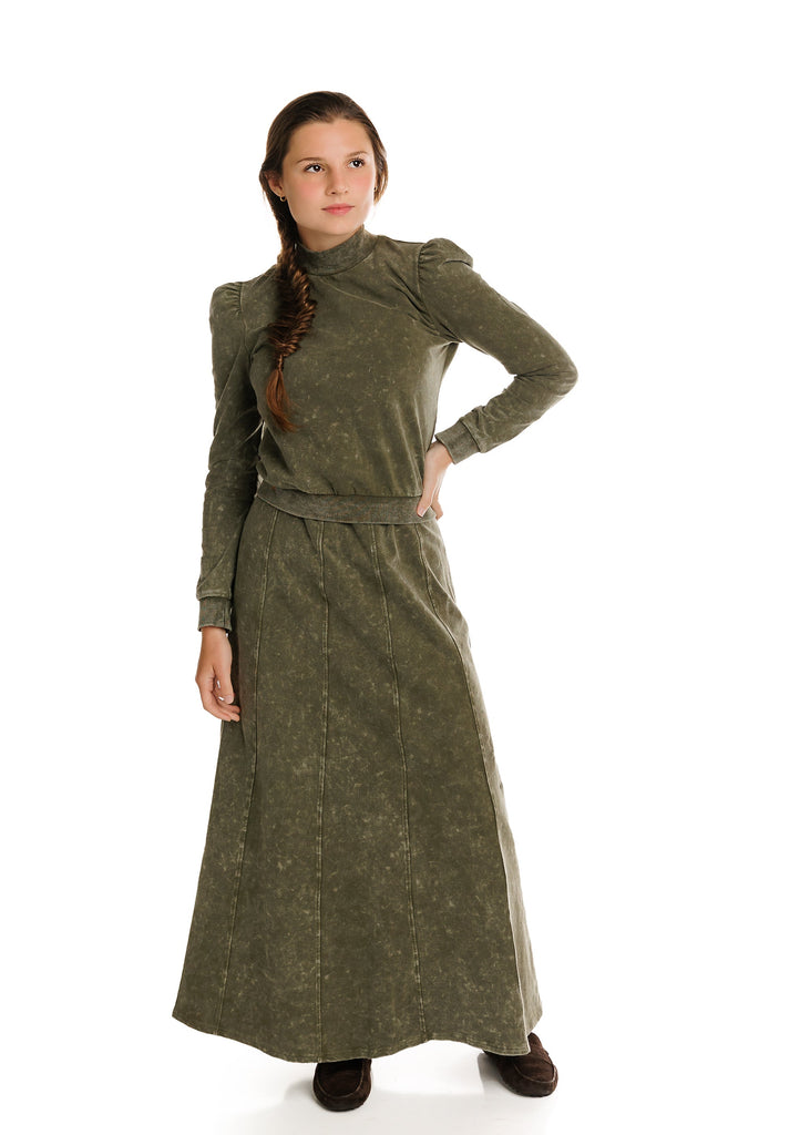 Green Wash Maxi Skirt With Stitching Details