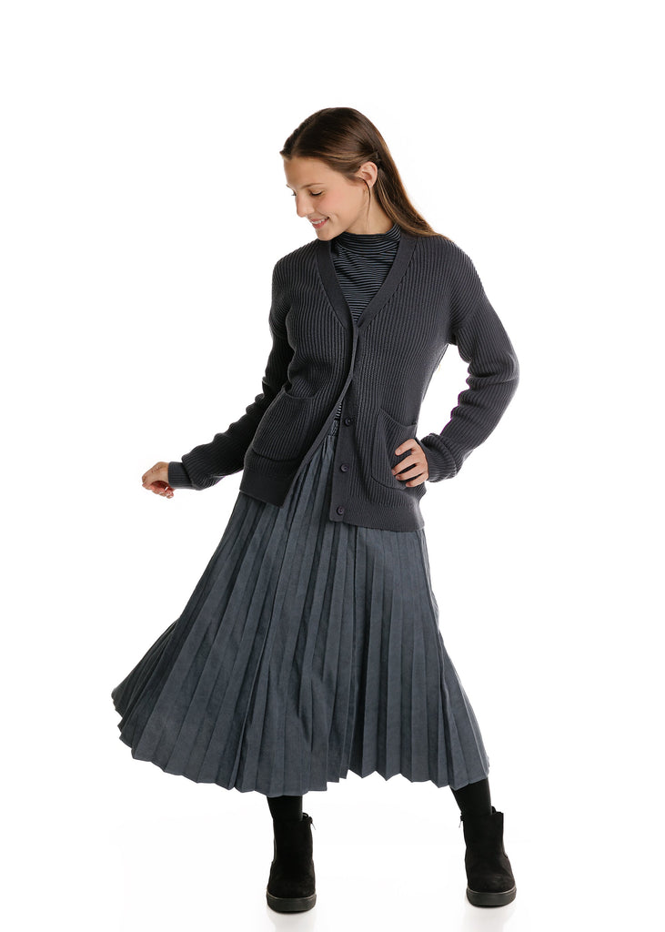 Slate Blue Midi Sunburst Pleat Skirt