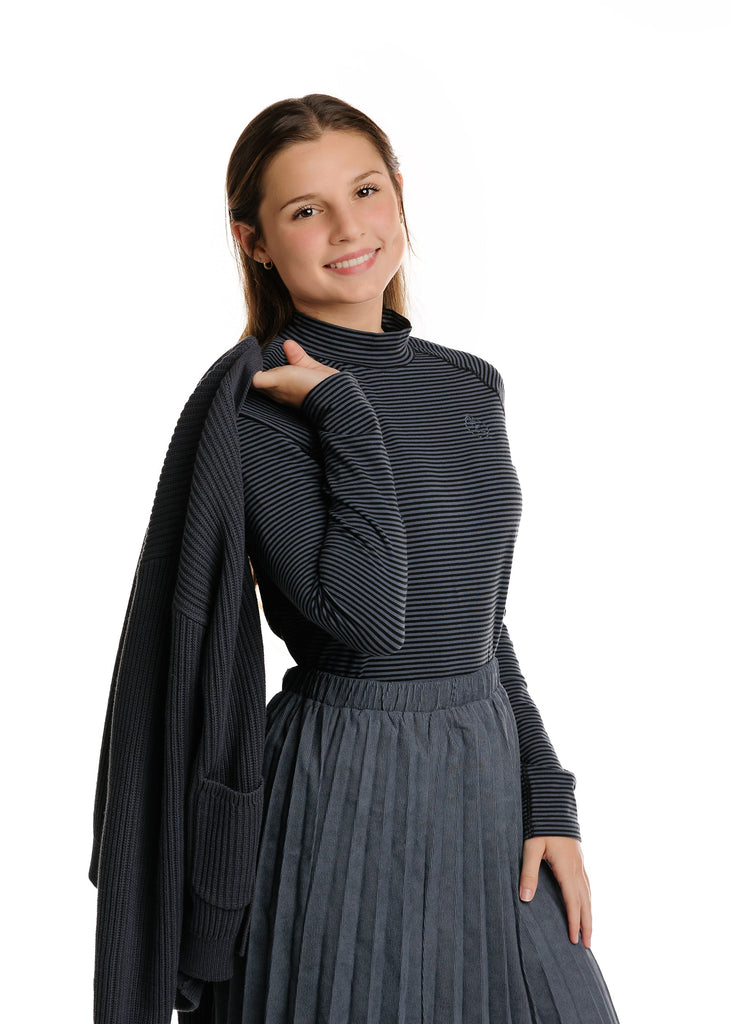 Slate Blue Striped Mock Neck