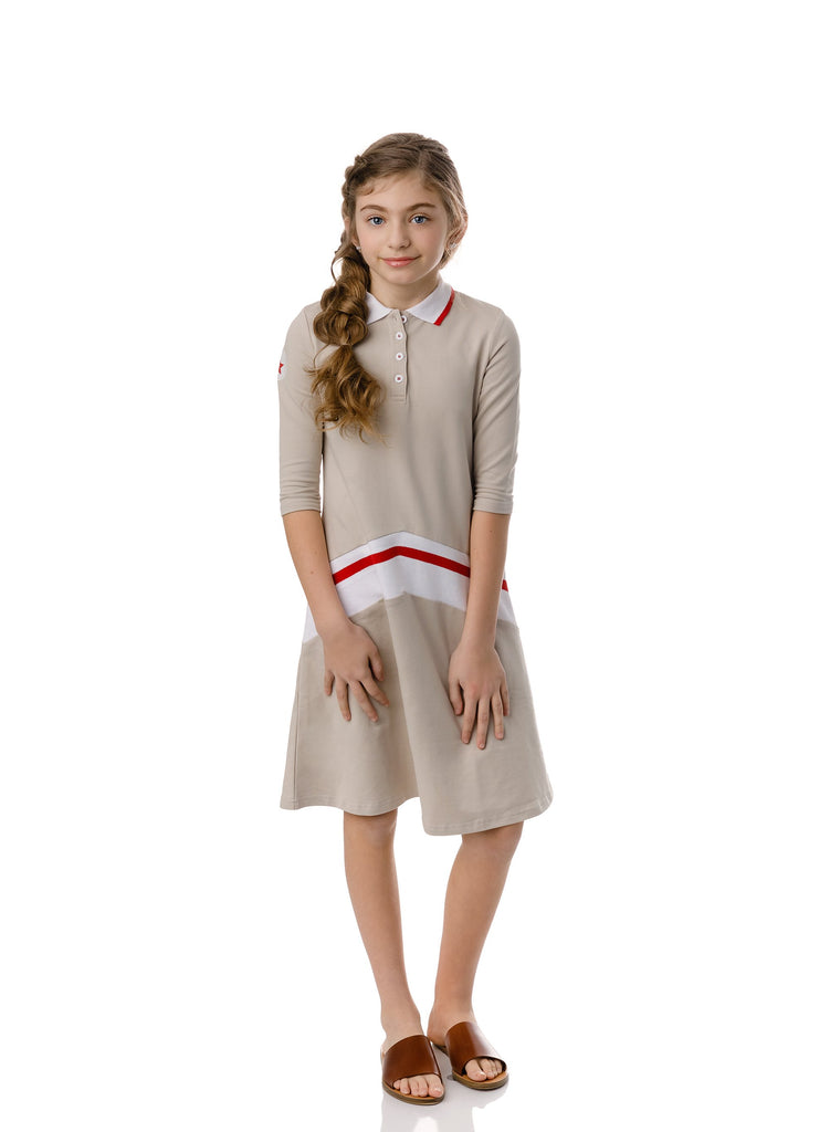 Girls Light Tan Polo Dress with Red and White Ribbing