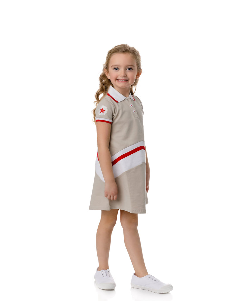 Girls Light Tan Polo Dress with Red and White Ribbing