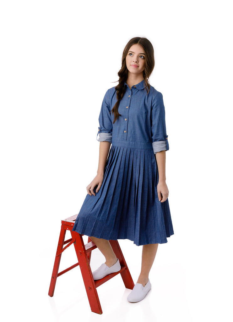 Teens Pleated Dress in Chambray