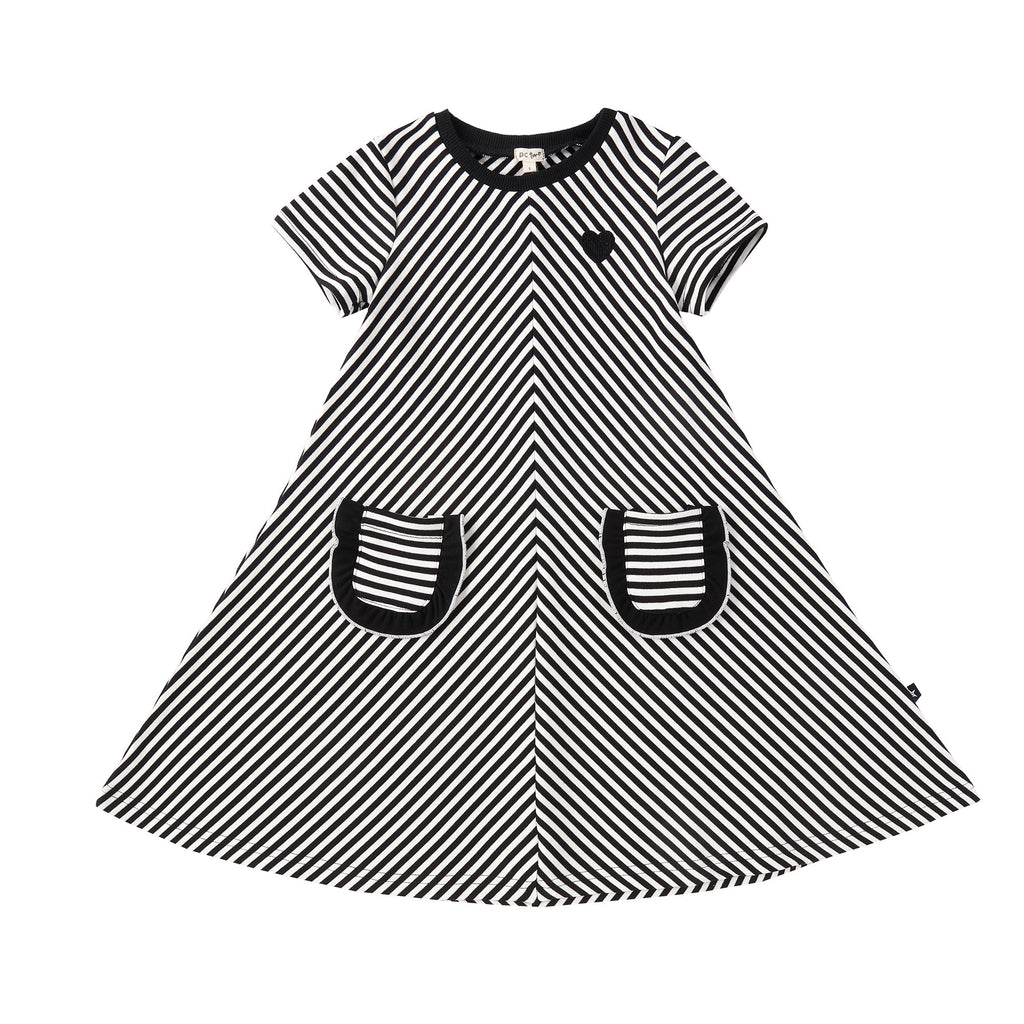 Black and White  Stripe Swing Dress with Ruffle Pocket Detail