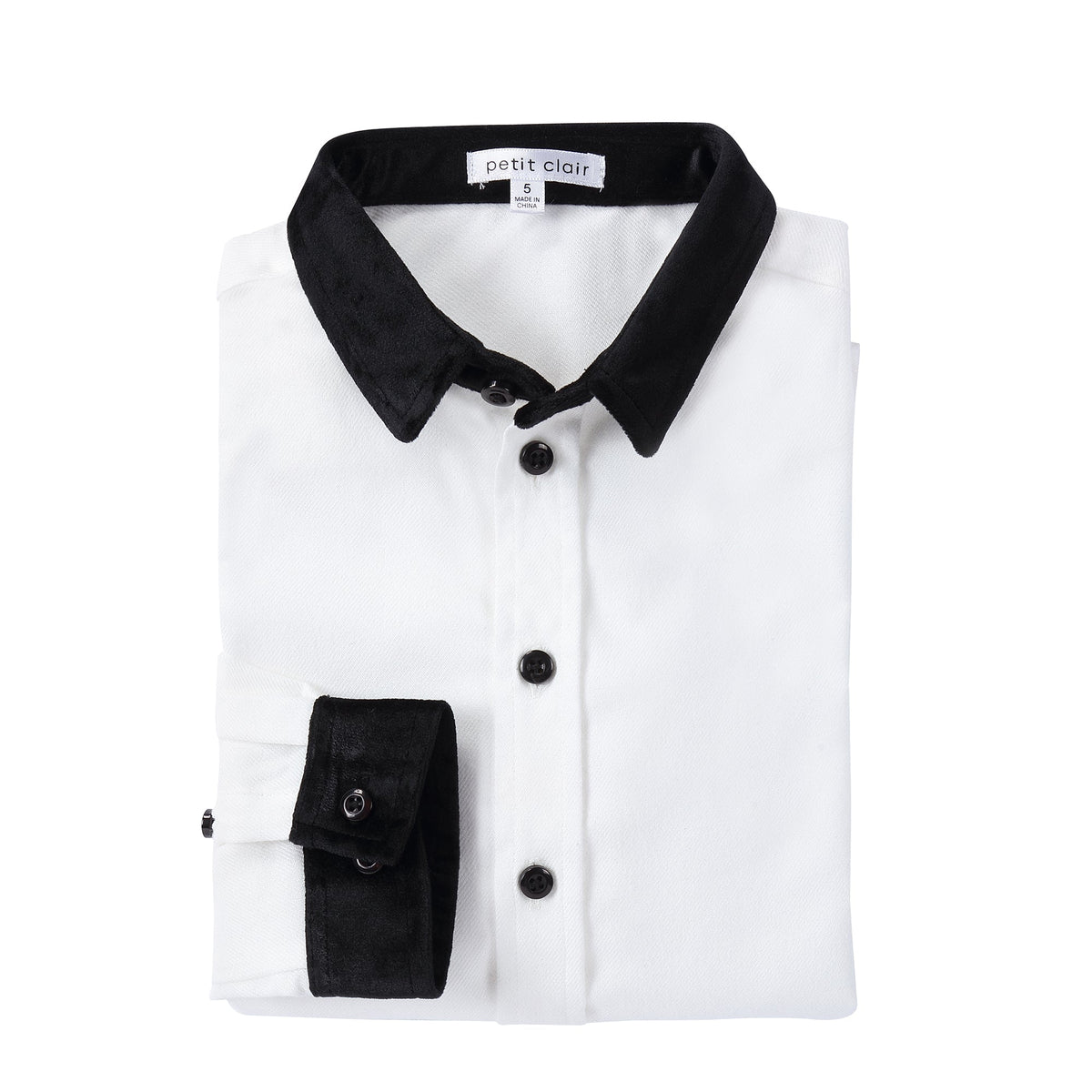 Boys White Shirt with Black Velvet Collar and Cuff Petit Rack